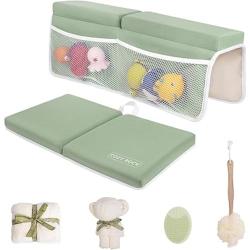 Baby Bath Kneeler and Elbow Rest Pad Set, Kneeling Pad for Bathing Baby and Elbow Pad with Bath Brush and Hand Towel, Bathtub Kneeler and Elbow Rest Set with Organizer - Cozy Green