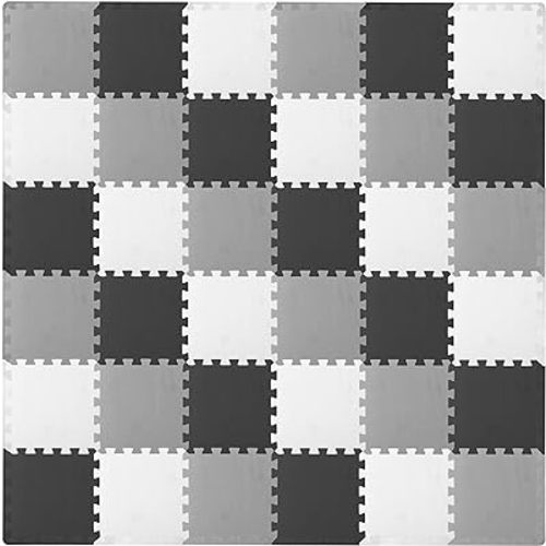 ProSource Foam Puzzle Floor Play Mat for Kids and Babies with Solid Colors, 36 or 16 Interlocking Tiles with Borders, Black/Grey/White