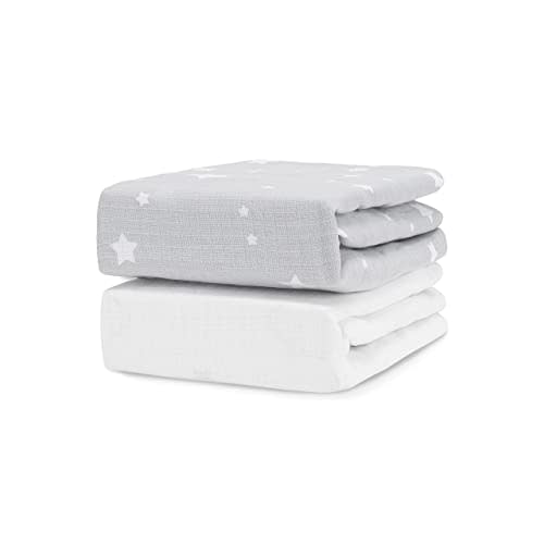 Newton Baby Organic Fitted Crib Sheet (2-Pack) - 100% Breathable and Ultra-Soft, 100% Organic Muslin Cotton, Stardust Print in Twilight Grey + Solid White, Fits All Standard Cribs