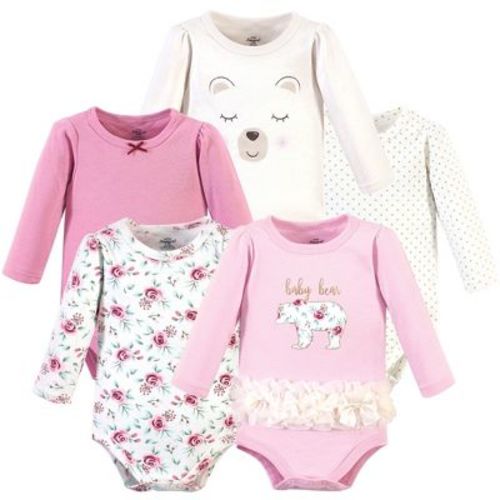 Little Treasure Baby Girl Cotton Long-Sleeve Bodysuits 5pk, Floral Baby Bear