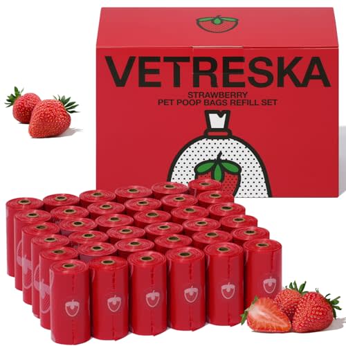 VETRESKA Strawberry Scented Dog Poop Bags, Leak Proof, Extra Thick and Large Pet Waste Bags for Dogs Walking and Cat Litter, 36 Refill Rolls, 540 Bags, Red