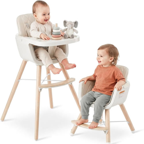 Mallify 3-in-1 Wooden High Chair, Convertible High Chairs for Babies and Toddlers, Baby Highchair with Adjustable Legs & Dishwasher-Safe Tray, Sleek Hardwood & Premium PU Cushion, Beige