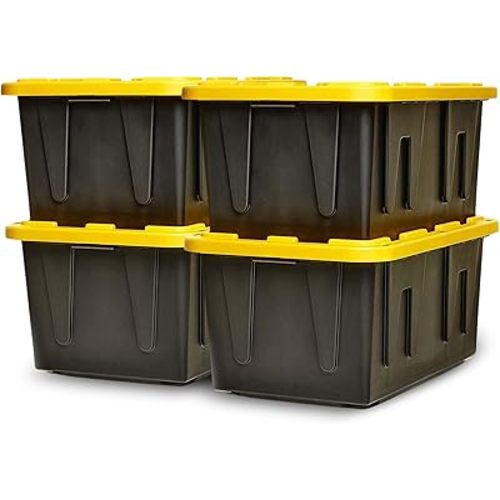 HOMZ 4-Pack Durabilt, Heavy Duty Plastic Storage Bins with Lids, 27 Gallon, Black/Yellow
