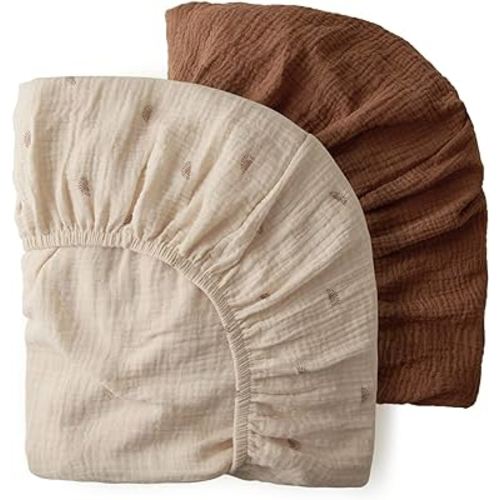 Muslin Pack N Play Sheets Fitted for Pack and Play Mattress and Mini Cribs, Muslin Cotton for Natural Comfort Fitted for Baby Boys and Girls, Boho Baby Nursery Design, 2 Pack (Sunshine&Brown)