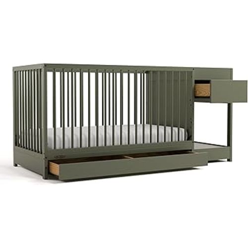 Graco Teddi 5-in-1 Convertible Crib & Changer with Drawer (Olive) – GREENGUARD Gold Certified Baby Crib Crafted from Wood, Converts to Toddler Bed, Daybed, and Full-Size Bed