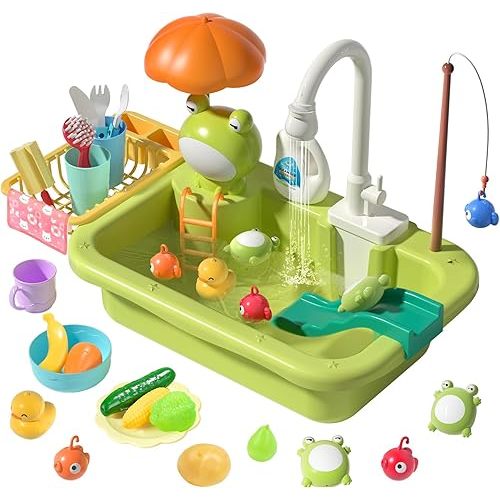 CUTE STONE Play Sink with Running Water, Kitchen Sink Toys with Upgraded Electric Faucet, Play Kitchen Toy Accessories, Pool Floating Fishing Toys for Water Play, Kids Role Play Dishwasher Toy