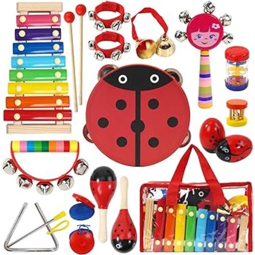Raimy Kids Musical Instruments Set - Wooden Percussion Instruments Toy for Toddler Baby, Preschool Educational Music Toys for Boys and Girls with Carrying Bag (Red)