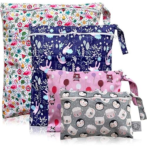 FLOCK THREE 4pcs Waterproof Wet Bag Reusable for Wet Clothes Baby Diapers Stroller Swimsuit Travel Reusable toiletries Pouch Small and Larger Electronics case 4 Pack (Windy Days)