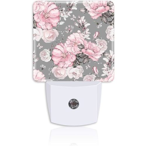 Night Light Plug Wall,Pink Flowers and Grey Leaves LED Night Lights with Dusk to Dawn Light Sensor for Women Girls Boys Room Decor,Hallway,Kitchen,Bathroom,Nursery,Stairs