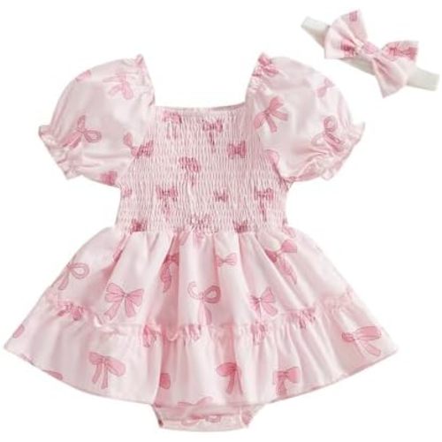 Baby Girl Outfit Short Sleeve Square Neck Smocked Bow Print Bubble Romper Dress Infant Newborn Girls Clothes Spring Summer