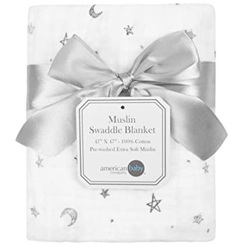 American Baby Company 100% Natural Cotton Muslin Swaddle Blanket, Gray Stars/Moon, 47" x 47", Soft Breathable, for Boys and Girls - Single Pack