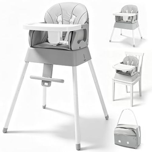 5 in 1 Foldable Baby High Chair,Convertible Highchair for Babies and Toddlers-Portable Infant Booster Seat,Foldable Dining Chair,Toddler High Chair with 5-Point Harness,Removable Tray (Grey)