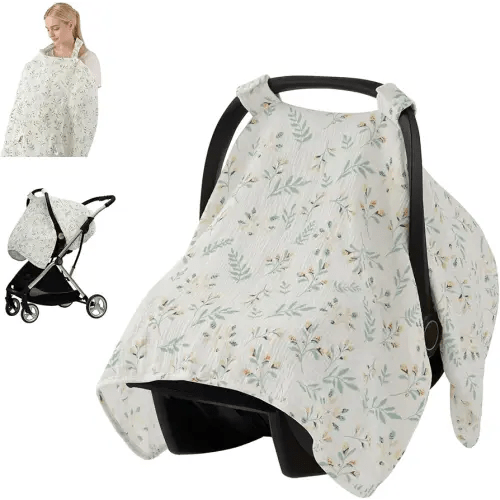 Blissful Diary 2-in-1 Muslin Baby Car Seat Cover, Multi-use Nursing Cover for Breastfeeding, Breathable Infant Car Seat Cover Canopy - Botanical Leaf