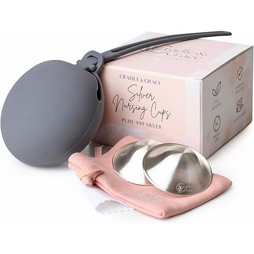 Cradle & Grace Pure 999 Silver Nursing Cups with Gray Carrying Case, Silver Nipple Shields for Breastfeeding Newborn, Silver Nipple Covers Breastfeeding Kit, X-Large