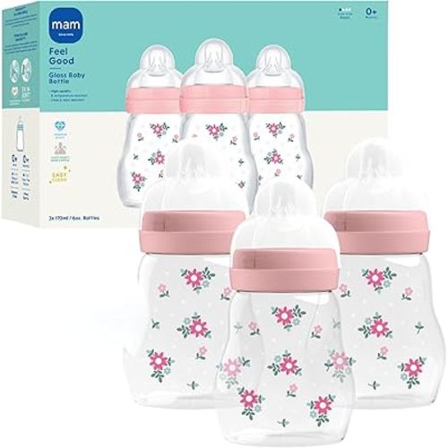 MAM Premium Glass Baby Bottles, Easy Switch Between Breast and Bottle, Feel Good Slow Flow, Newborn Essentials Must Have, 0+ Months, BPA Free, 6oz, Girl, 3 Pack