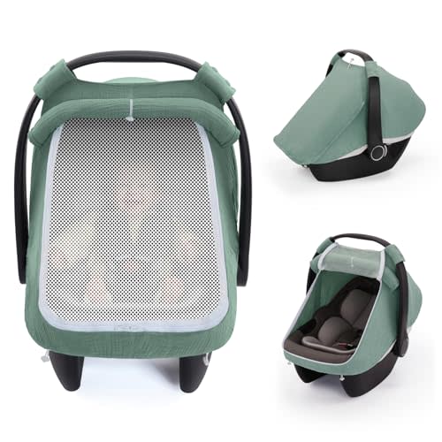 Blissful Diary Baby Car Seat Cover, Extra Large Mesh Window, Breathable Muslin Cotton, Infant Windproof Canopy, Must-Have Baby Gift - Roman Green