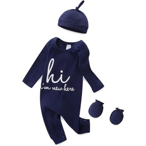 Baby Boy Girl Ribbed Onesies Romper Coming Home Outfits Letter Print Bodysuit Jumpsuit Hat Glove 3PCS Clothes Set