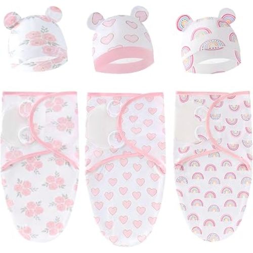 3-Pack Baby Swaddles for Newborns with Hat for Girls(Flower Set)