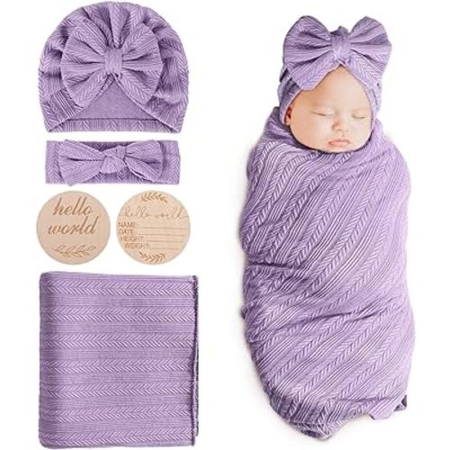 DRESHOW BQUBO Baby Swaddle Blankets for Girls, 4PCS Newborn Accessories Set with Matching Hat and Bow Headband with Hello World Wooden Birth Announcement Card, Baby Blankets for Girls (Purple)