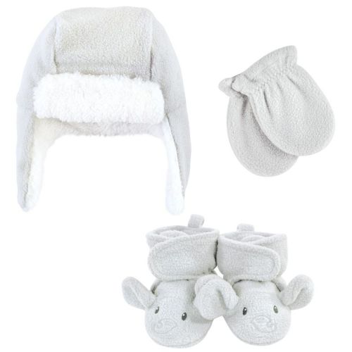 Hudson Baby Unisex Baby Trapper Hat, Mitten And Bootie Set, Gray Elephant, 0-6 Months
