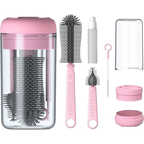 Pink Silicone Baby Bottle Cleaner Kit - Bottle Brush Set, Drying Rack, Nipple & Straw Brushes, Soap Dispenser - Travel & Home Use