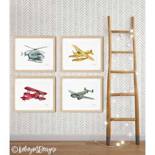 Set of 4 Airplane Art Prints, Kids Room Wall Art, Aviation Plane Nursery Decor, Watercolor Piper Cub Floatplane, Helicopter, Biplane