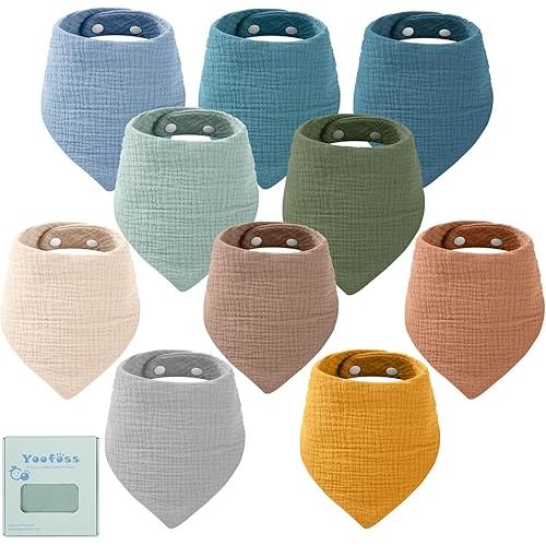 Yoofoss Muslin Baby Bibs 10 Pack Bandana Bibs 100% Cotton 6-Layer Soft Absorbent Drool Bibs for Boys and Girls, Beige & Blue