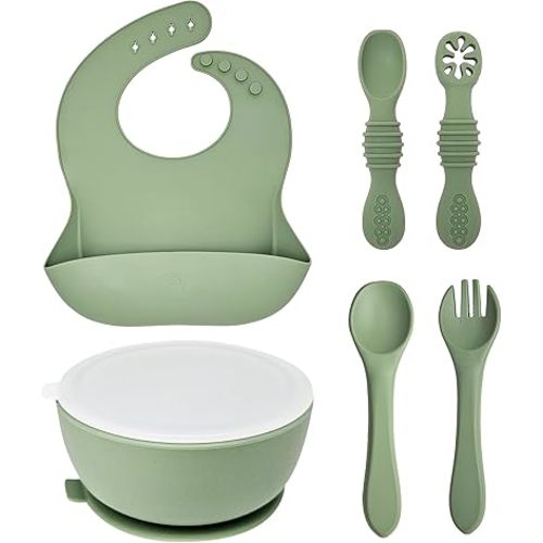 6 Piece Baby Bowls With Suction and Lids | Toddler Bowl Set with 1 Bowl, 1 Bib, 2 Baby Spoons, 1 Large Spoon, 1 Large Fork, Baby Feeding Essentials (1, Rose Quartz)