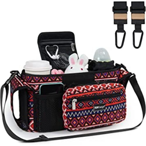 TOPDesign Universal Baby Stroller Organizer, Stroller Caddy with Heightened Insulated Cup Holders & Non-Slip Secure Hooks Accessories, Fits Most Strollers, Machine Washable (Bohemia)