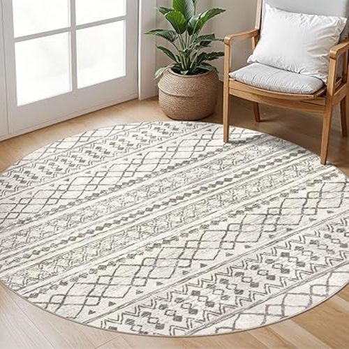 KUTA Round Washable Rug 5Ft Beige Boho Area Rugs for Living Room, Moroccan Foyer Throw Mat Non Slip, Soft Distressed Geometric Entry Circle Low-Pile Carpet for Bedroom Nursery Dorm Decor