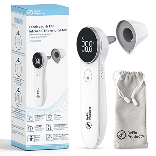 ByFloProducts, Ear and Forehead Thermometer, Thermometer for Babies and Adults, Touchless Forehead Thermometer, Infrared Temporal Thermometer – Memory and Fever Alarm, Easy to Use 1 Second Reading