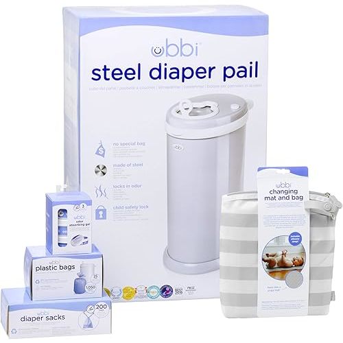 Ubbi Diaper Changing Value Gift Set, Baby Registry Gift, Includes Gray Diaper Pail, Absorbing Gels, Travel Changing Mat & Bag, Diaper Pail Waste Bags and On-the-Go Waste Sacks
