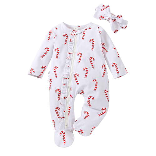 Baby Girl Pajamas Clothes Infant Girls Ruffles Long Sleeve Candy Cane Printed Romper Newborn Bowknot Ribbed Bodysuits