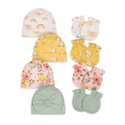 Gerber Baby Girl No Scratch Mittens & Caps Set, 8-Piece (Newborn - 0/3M)