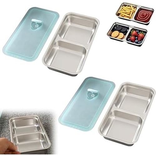 Grab and Go Snack Containers Reusable,Stainless Steel Double Compartment Snack Containers,Dishwasher- Reusable Condiment Container with Lids of Snacks,Dips,Travel and Outdoor Camping (2PCS)