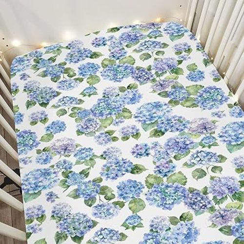Blue Hydrangea Floral Baby Crib Sheets for Boy Girl 52x28Inch Spring Summer Wildflowers Soft Snug Fitted Crib Mattress Covers Floral Blooms Spring Baby Sheet for Standard Crib & Toddler Bed Mattress