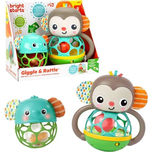 Bright Starts Giggle & Rattle Gift Set - Musical & Sensory Baby Toys 2-Pack, Elephant & Monkey, Unisex, Newborn+