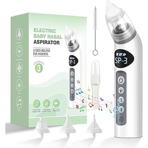 Bivni Baby Nasal Aspirator, IPX7 Waterproof Electric Nasal Aspirator for Baby, Baby Nose Sucker Baby with 3 Silicone Tips, Adjustable 3 Levels Suction, Rechargeable, 8 Light Soothing Function & Music