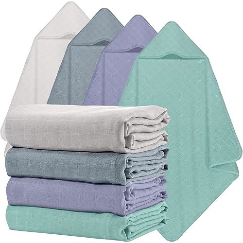 Preboun 4 Pcs Muslin Hooded Baby Towels,32"x 32" Cotton Newborn Bath Towel Muslin Infant Baby Blankets Absorbent Unisex Newborn Registry Gift for Girls Boys(Simple Colors)
