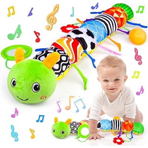Infant Baby Toys 0-12 Months, Stuffed Animal Tummy Time Toys Sensory with Crinkle, Rattles, Textures, Mirror - Caterpillar Musical (Green)
