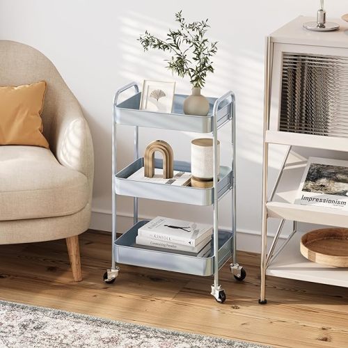 TOOLF 3-Tier Metal Rolling Cart with Wheels, Storage Utility Organizer Cart for Kitchen, Bathroom, Office, Baby Essentials & Makeup - Lockable Casters, Easy Assembly, 132 lbs Capacity, Green