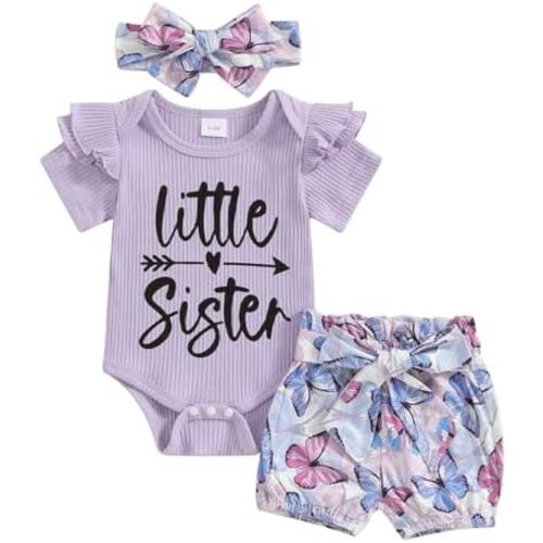 Newborn Baby Girl Clothes Little Sister Rufffle Short Sleeve Romper and Floral Shorts Summer Outfit