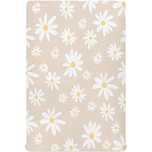 Kigai Fitted Crib Sheet for Boys Girls, Daisy on Beige Jersey Knit Baby Sheet for Standard Crib and Toddler Bed Mattresses, Cozy Soft Breathable, 28 x 52 in