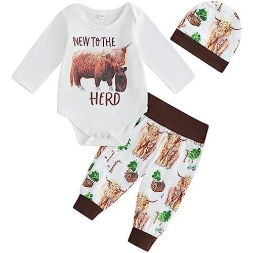 Omkzanbi New to the Herd Newborn Boy Girl Bodysuit Onesie Highland Cow Jogger Pants Hats Western Coming Home Cute Fall Outfit