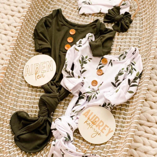 Olive Leaf Newborn Baby Knot Gown & Hat Set