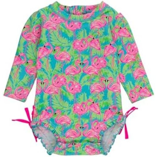 RuffleButts Baby Girls UPF 50+ Sun Protection Floral Printed Long Sleeve One Piece Rash Guard Swimsuit with Zipper