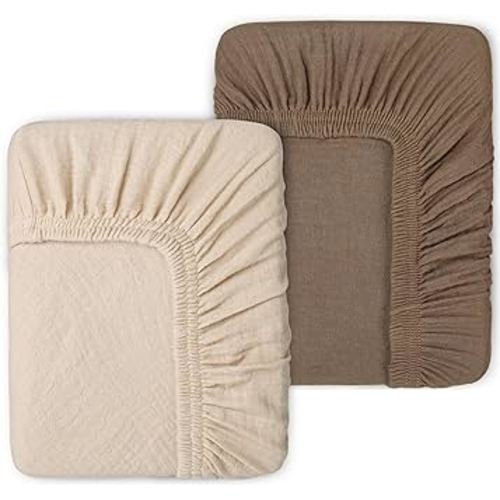 2 Pack Muslin Crib Sheets for Baby Girls & Boys-Neutral Breathable Crib Mattress Protector for Standard Crib Mattress(28"x 52")-Soft Crib Sheets Fitted-No Slip Cotton Bedding-Taupe Brown & Light Beige