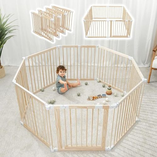 Baby Playpen & Baby Gate for Toddler and Babies, Foldable Wooden Large Shape & Size Adjustable Playard, Play Fence with Locking Gate Activity Center, Toddler Fence Play Area Indoor by Comfy Cubs - Natural Wood
