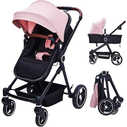 2-in-1 Pushchair Reversible Infant seat, Bassinet with one-Hand Folding Convenience Pushchair with Recliner and Extra-Large Canopy - Pink (Pink)