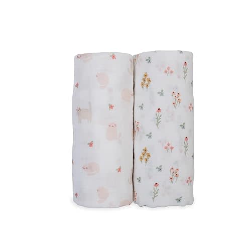 lulujo Baby Swaddle Blankets | Unisex Softest Breathable Cotton Muslin Swaddle Blanket Set | Neutral Receiving Blanket for Girls & Boys | 40in x 40in | Kitty Cat & Flowers | 2-Count